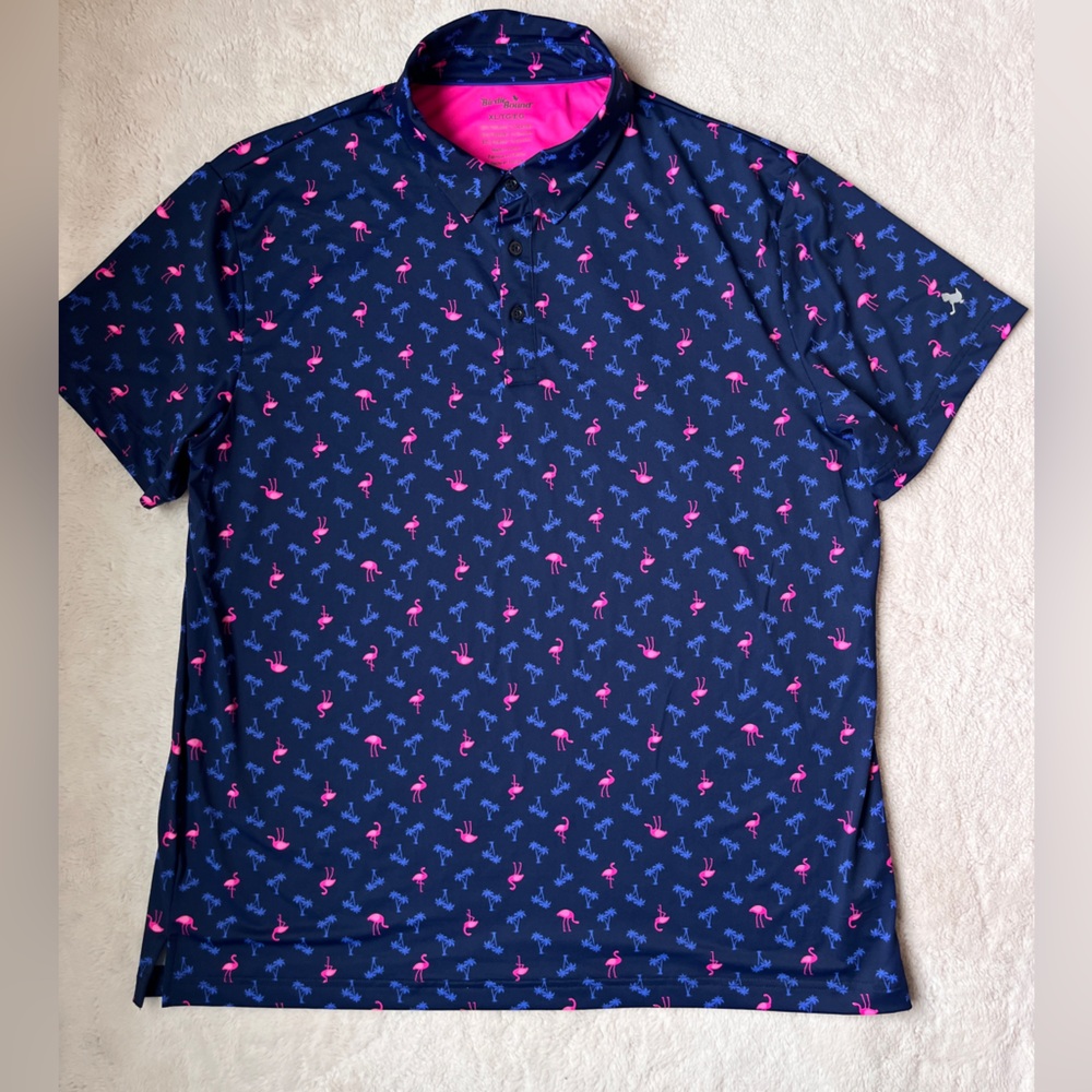 Birdie Bound Navy Flamingo Print Golf Shirt Men Size XL - Picture 3 of 8